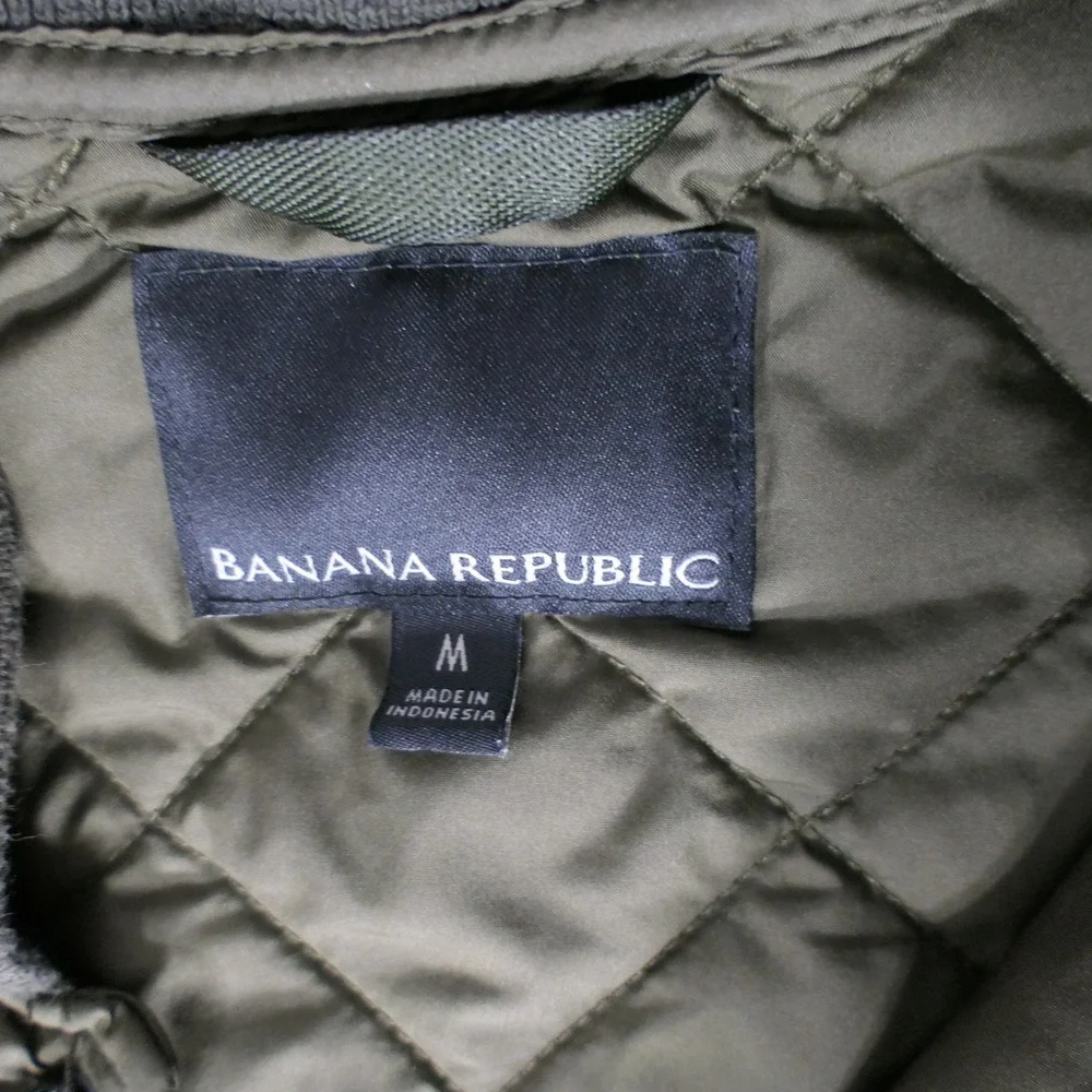 Banana Republic Men Quilted Bomber Jacket M Olive Green Diamond Pattern Snap Zip